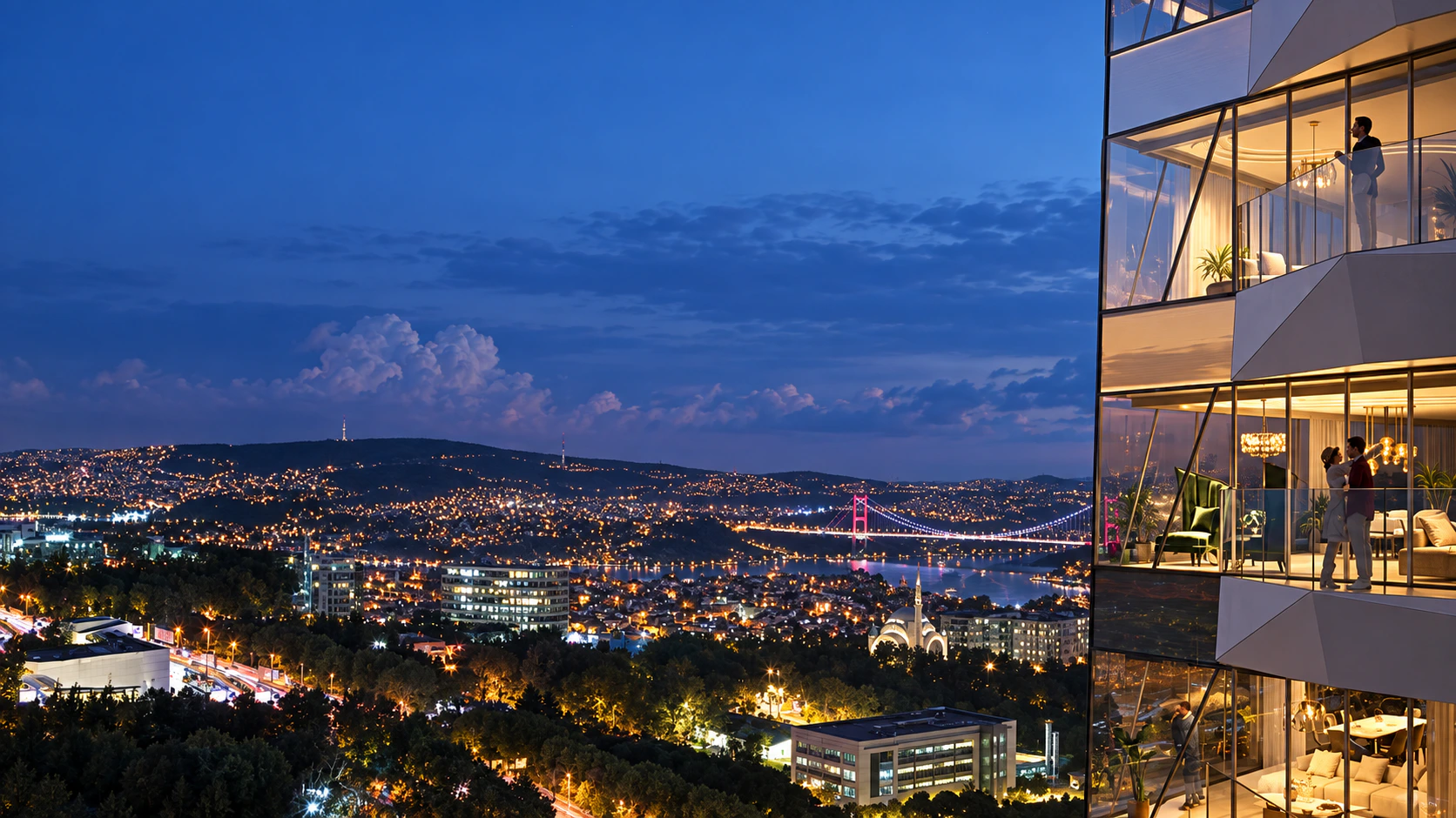 Night panorama from ETRO Residences toward the Bosphorus bridge