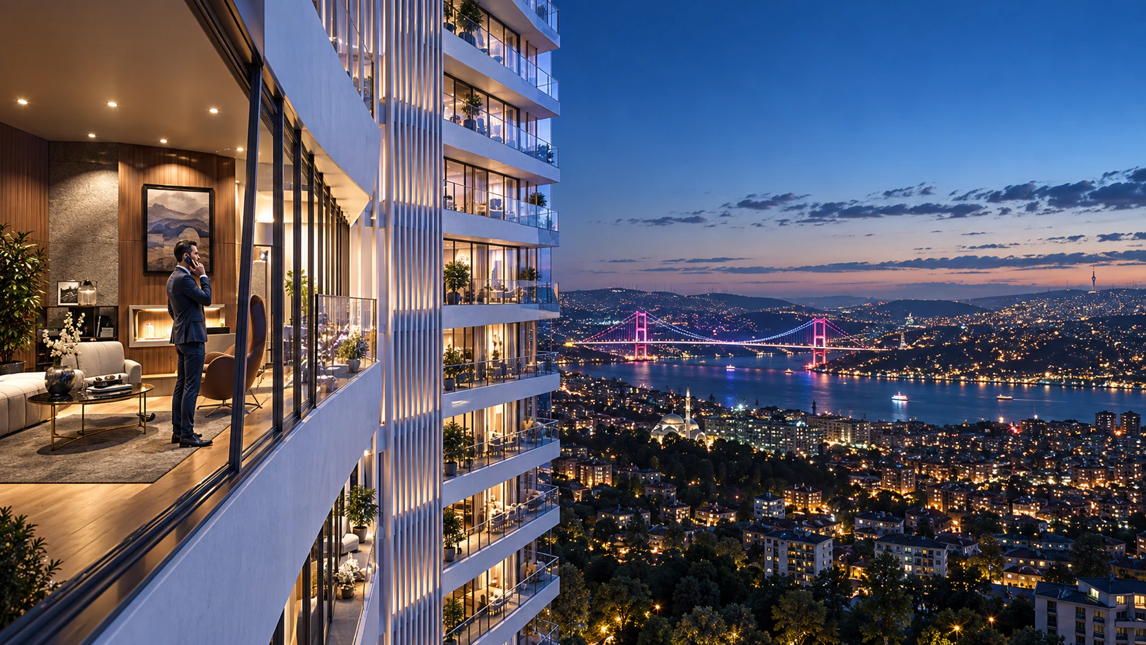 ETRO residence overlooking the illuminated Bosphorus bridge at blue hour