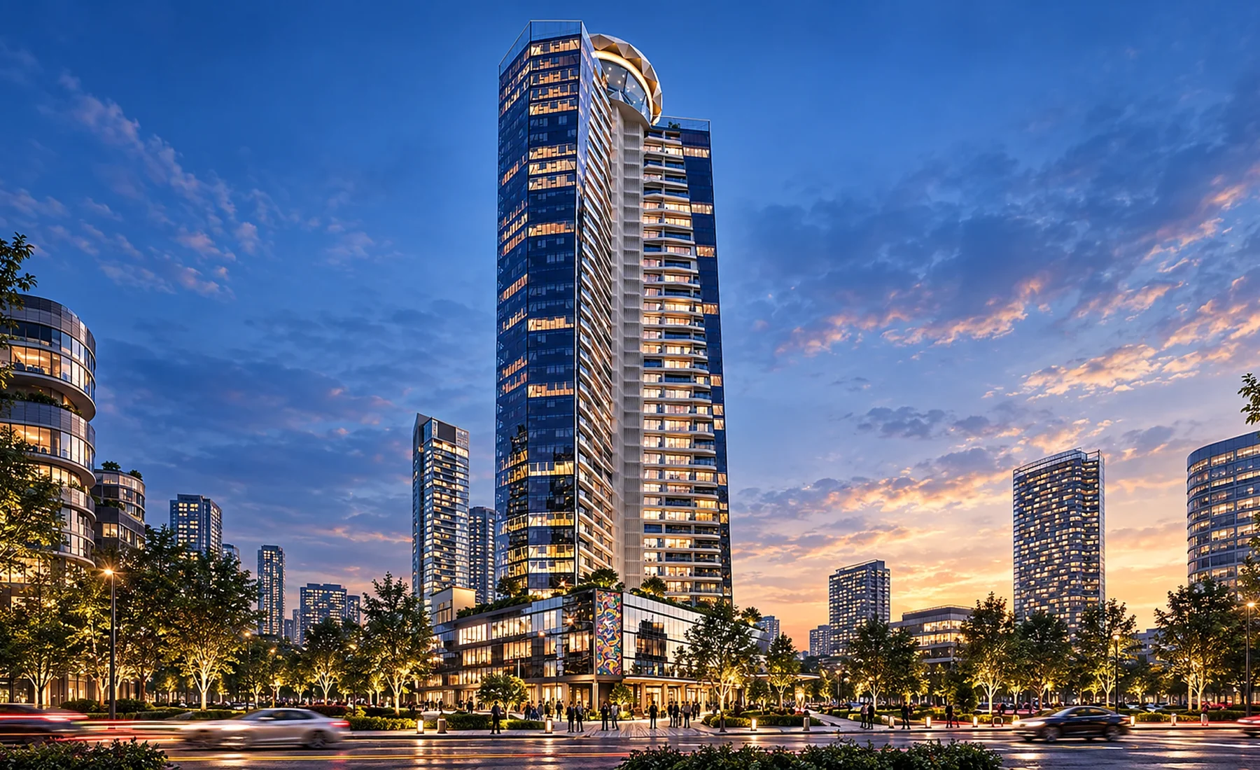 ETRO Residences Istanbul tower and landscaped arrival plaza at blue hour