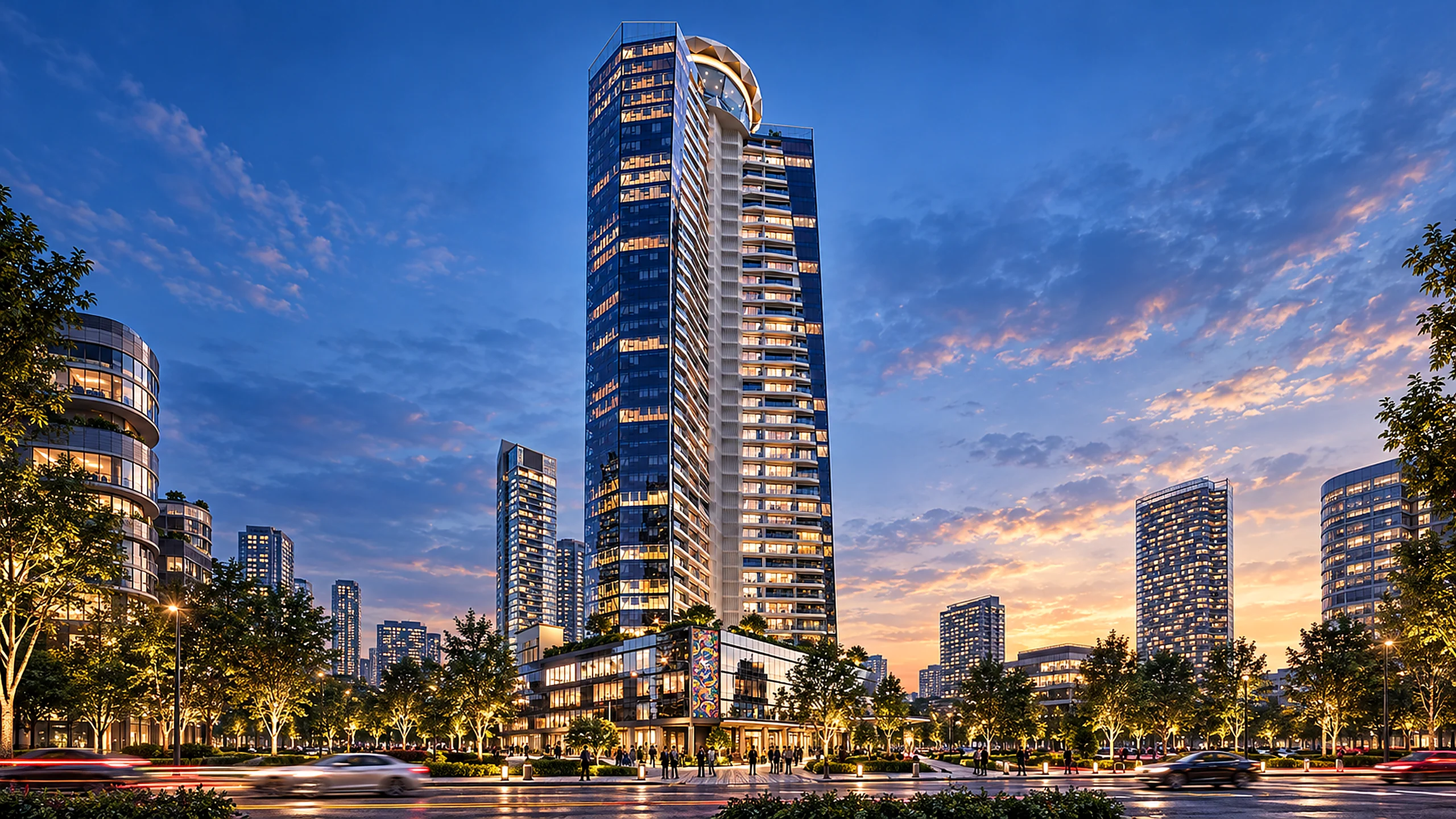 ETRO Residences Istanbul tower and landscaped arrival plaza at blue hour