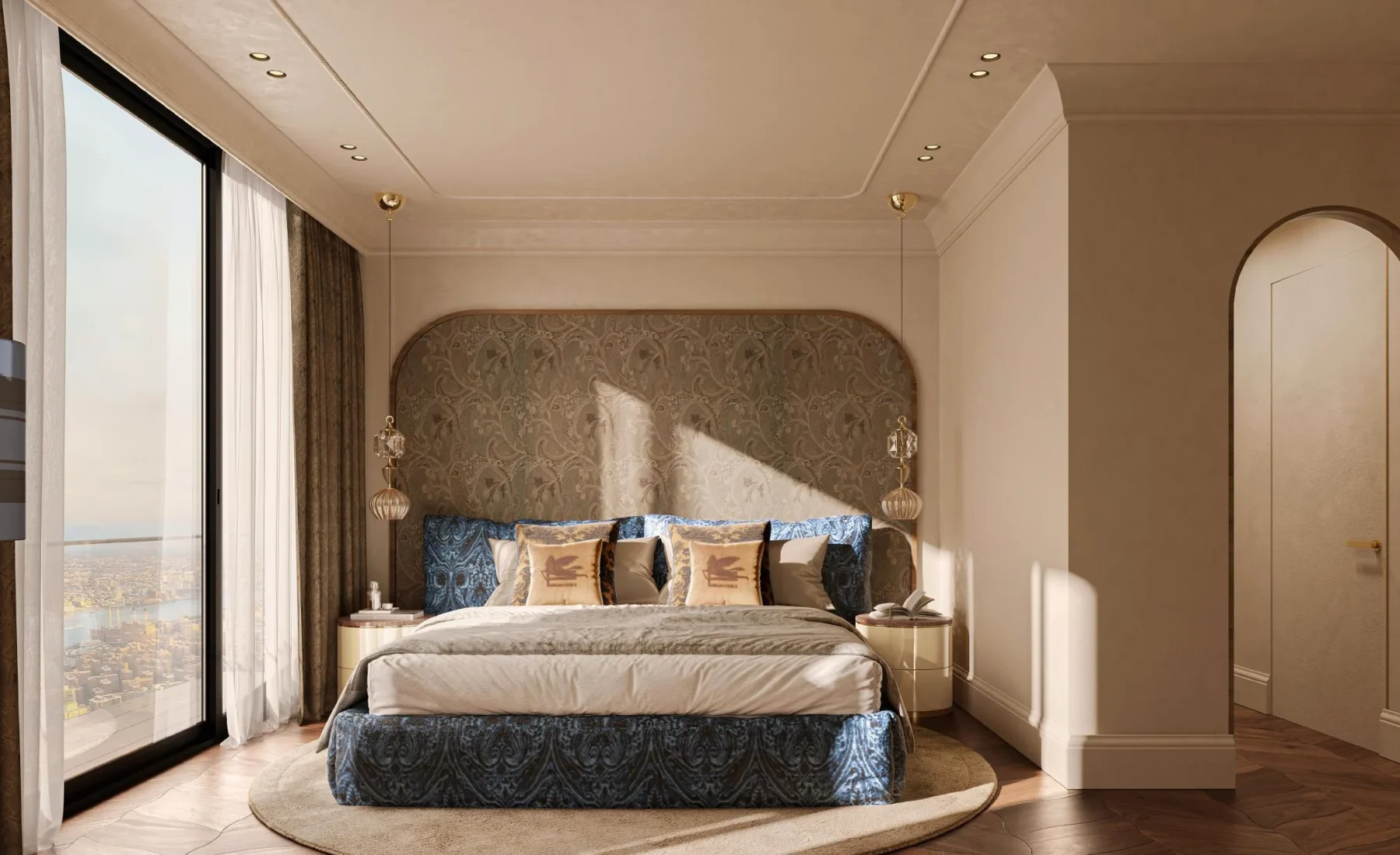 ETRO designed primary bedroom with skyline view and paisley upholstered headboard