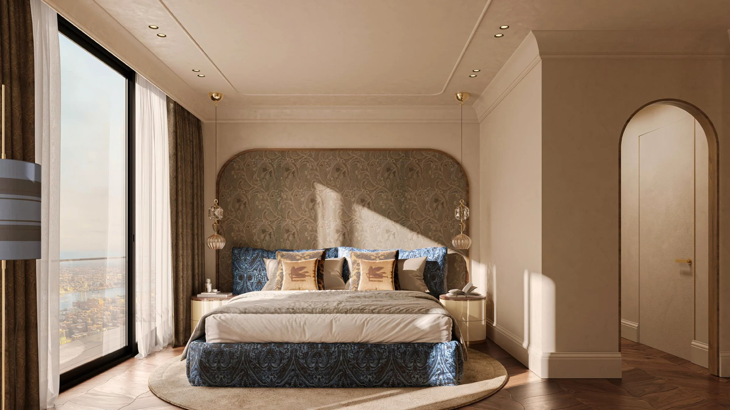 ETRO designed primary bedroom with skyline view and paisley upholstered headboard