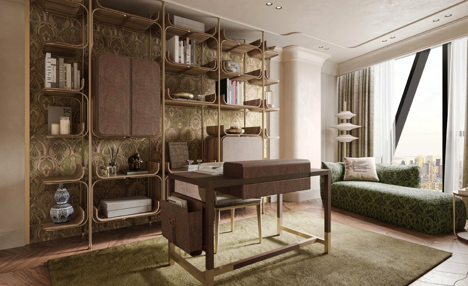 ETRO residence private office with bespoke shelving and city view