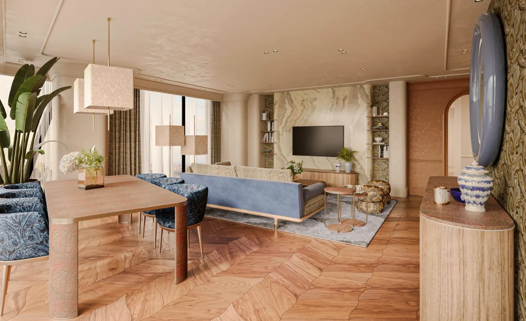 ETRO residence open living and dining area with tailored finishes