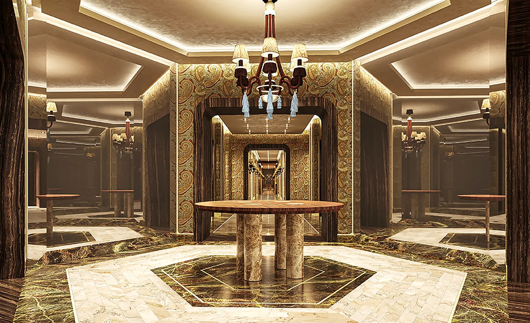 ETRO Residents elevator lobby with marble, timber and patterned wall finishes