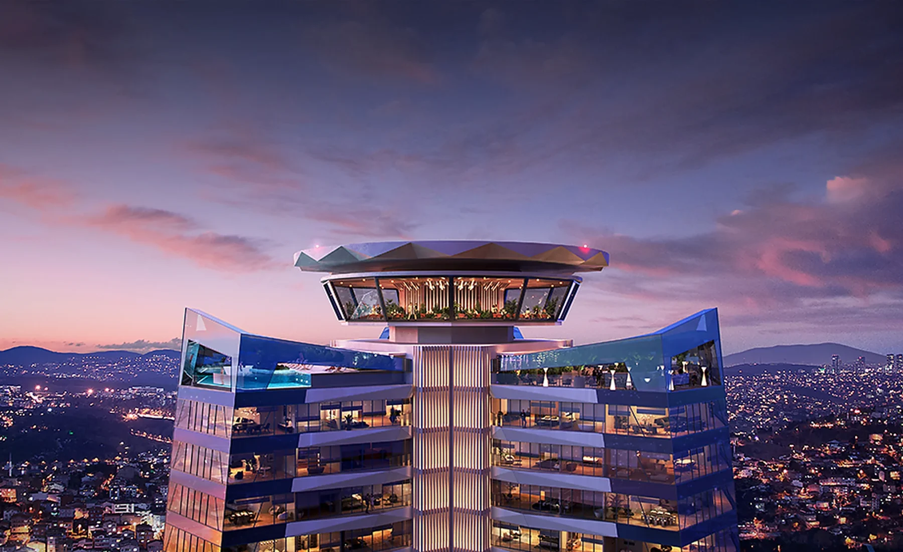 ETRO Residences rooftop crown and panoramic terrace at dusk