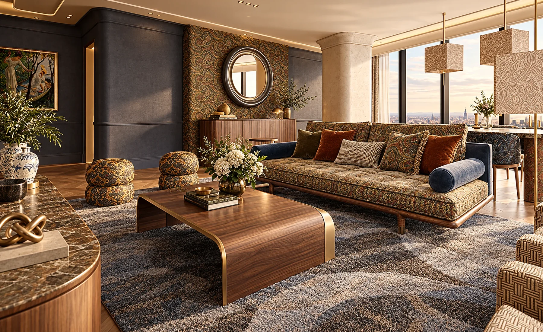ETRO designed luxury living room with paisley textiles, walnut and brass details