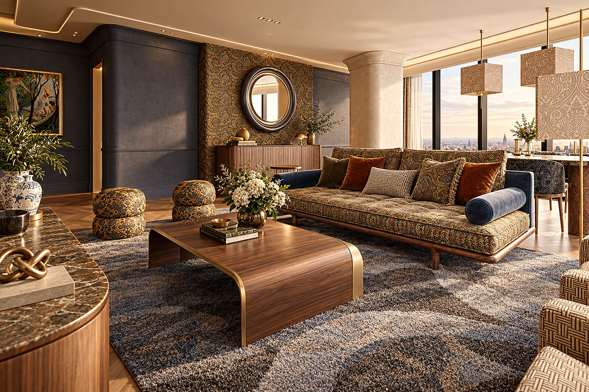 ETRO designed luxury living room with paisley textiles, walnut and brass details