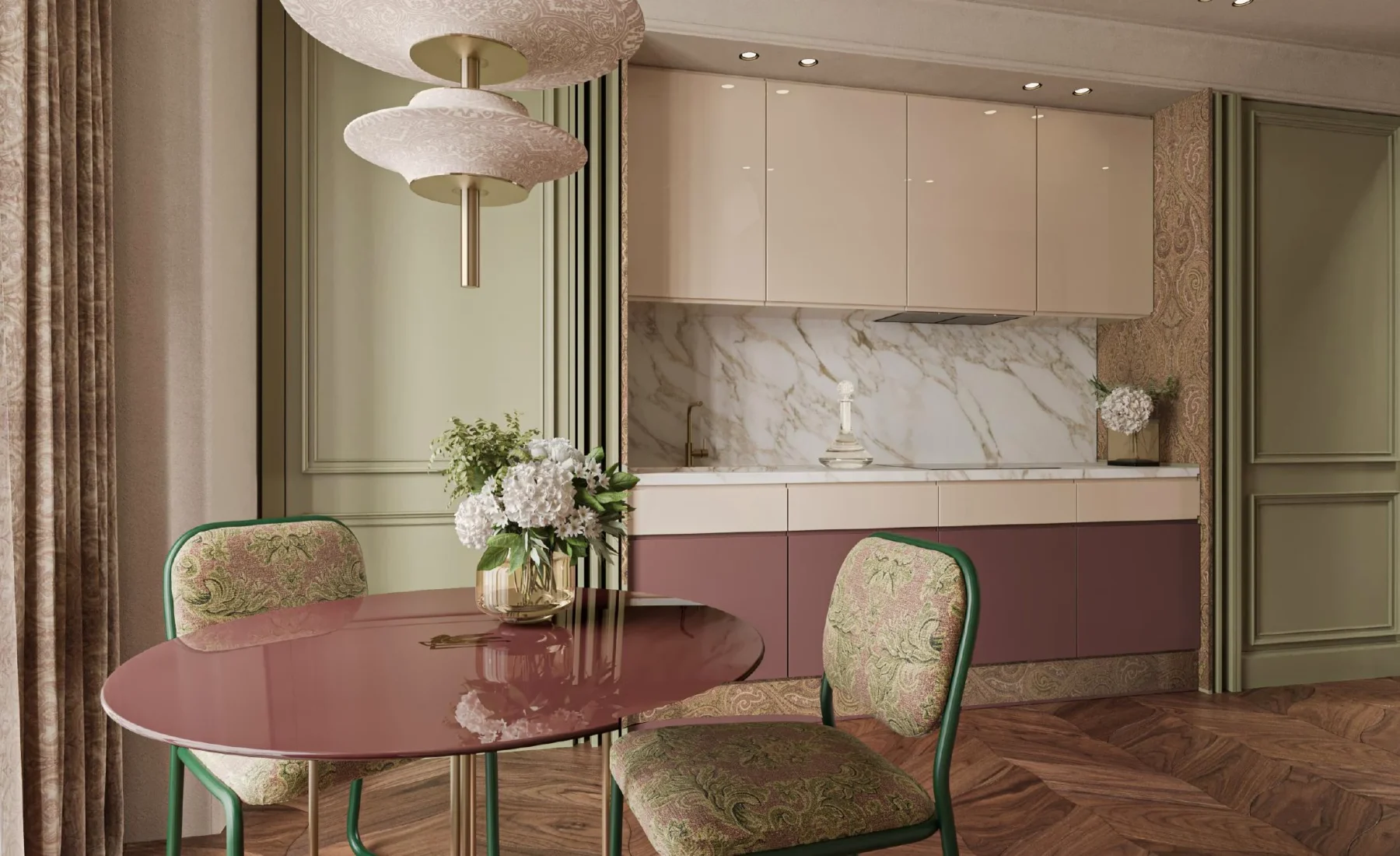 ETRO residence kitchen and dining space with marble and couture textiles