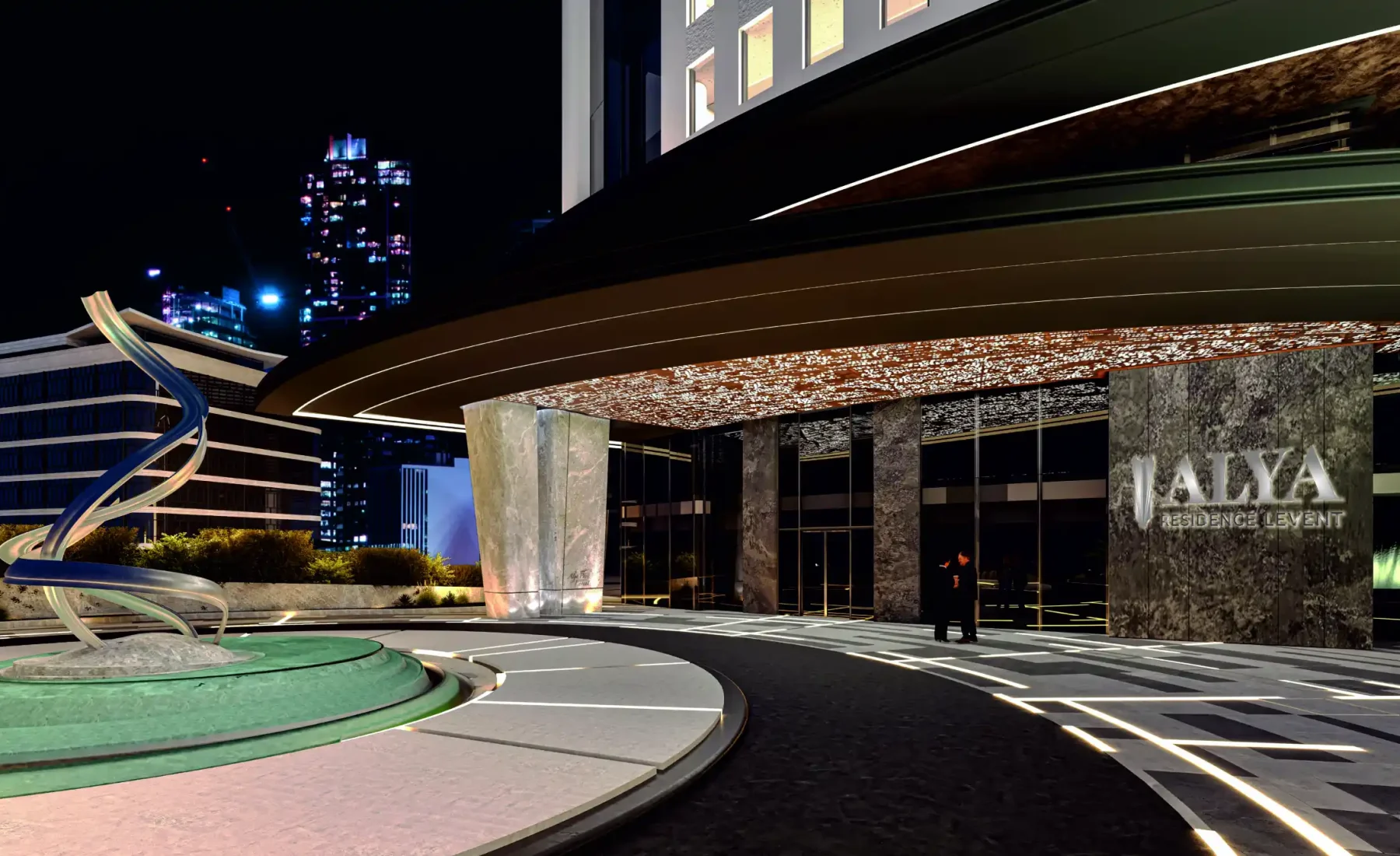 Alya Residence Levent illuminated entrance on Büyükdere Avenue