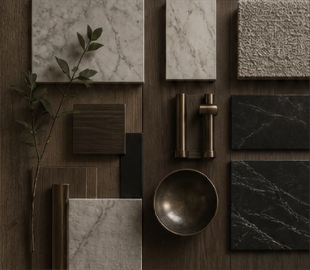 Premium material board with wood, marble, brass, textile and stone samples