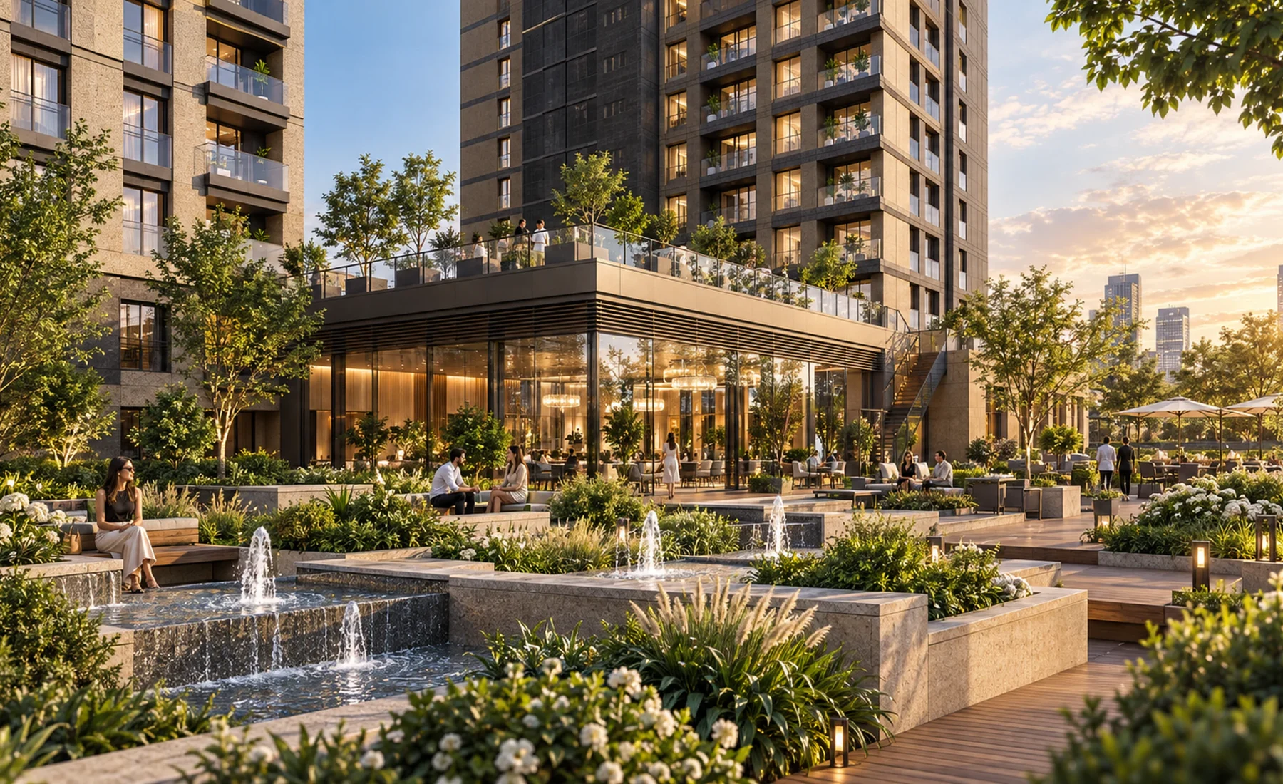 Representative landscaped courtyard concept inspired by Avrupa Residence Oryapark